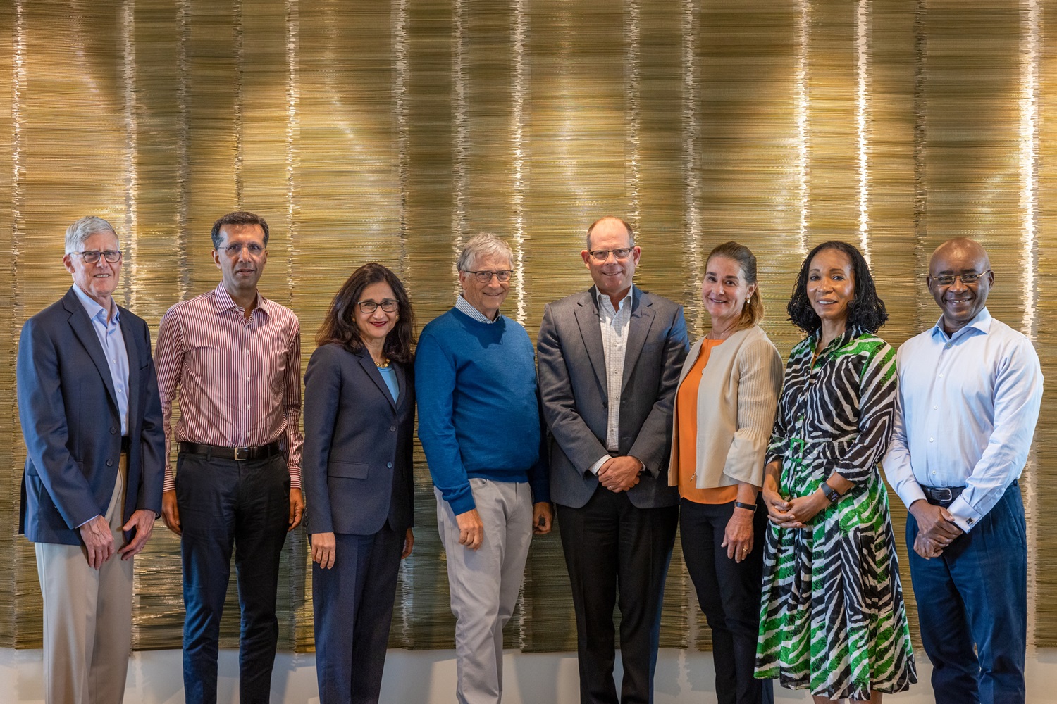 Group portrait of Co-chairs Bill Gates and Melinda French Gates along with Board of Trustees members: Tom Tierney, Ashish Dhawan, Minouche Shafik, Mark Suzman, Helene Gayle, and Strive Masiyiwa during Foundation Week in Seattle, Washington, on July 12, 2023.