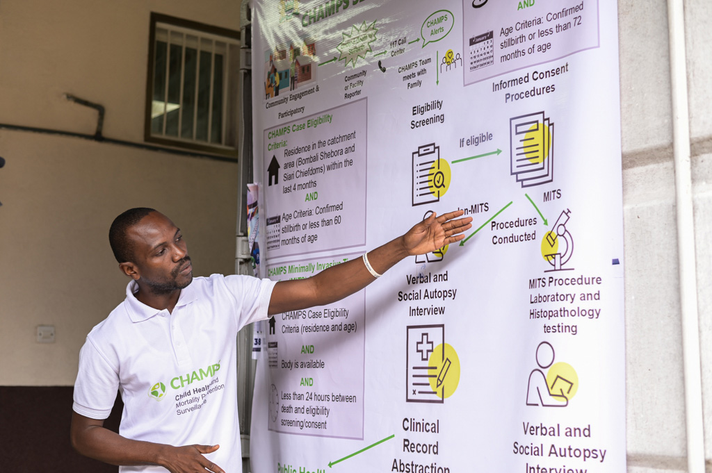 CHAMPS supervisor presents data collection processes at the commissioning of the Makeni Regional Hospital Laboratory, in Sierra Leone.